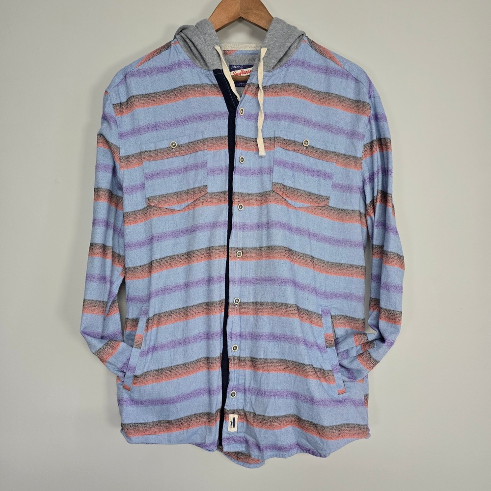 johnnie-O Surflannel Shacket Mens Medium Striped Hooded Flannel Coastal‎ Shirt